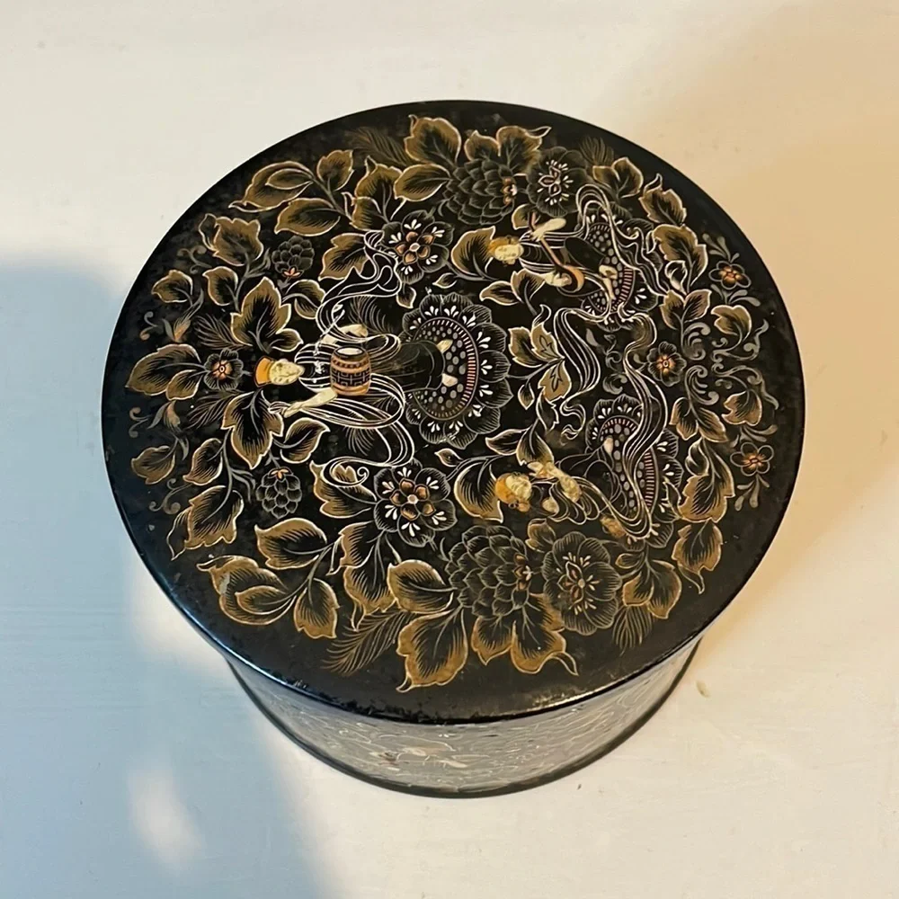 Powder Box Metal Container Made in England 1950s Vintage Tin Asian